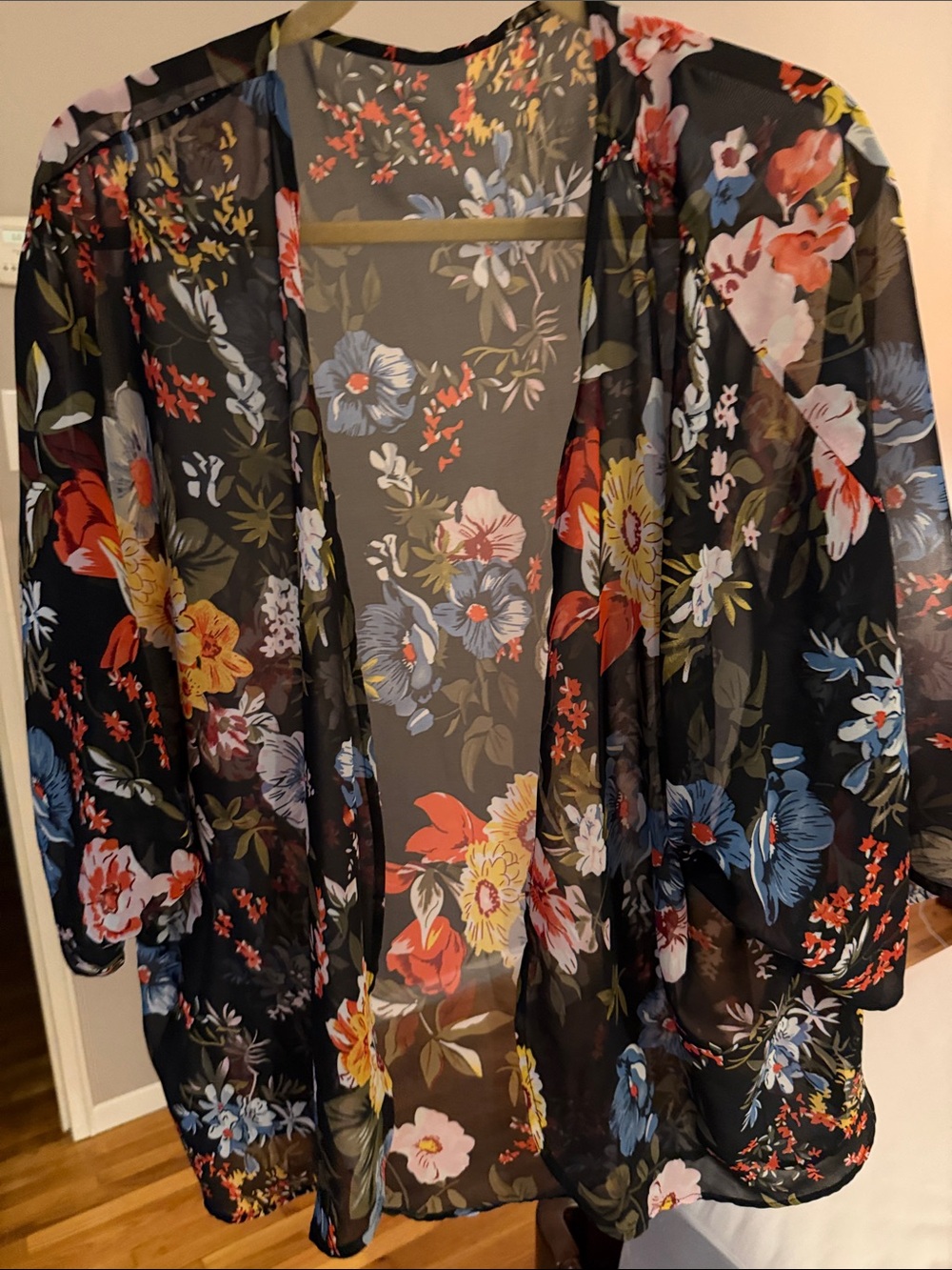 Floral Sheer Open-Front Kimono Jacket - Black with Multicolor Flowers